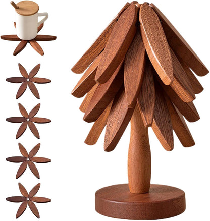 🔥Christmas Early Discount 49% Off✨Natural Tree Trivet Set - 4 Wooden Trivets & 1 Stand,Like a Christmas Tree🎄
