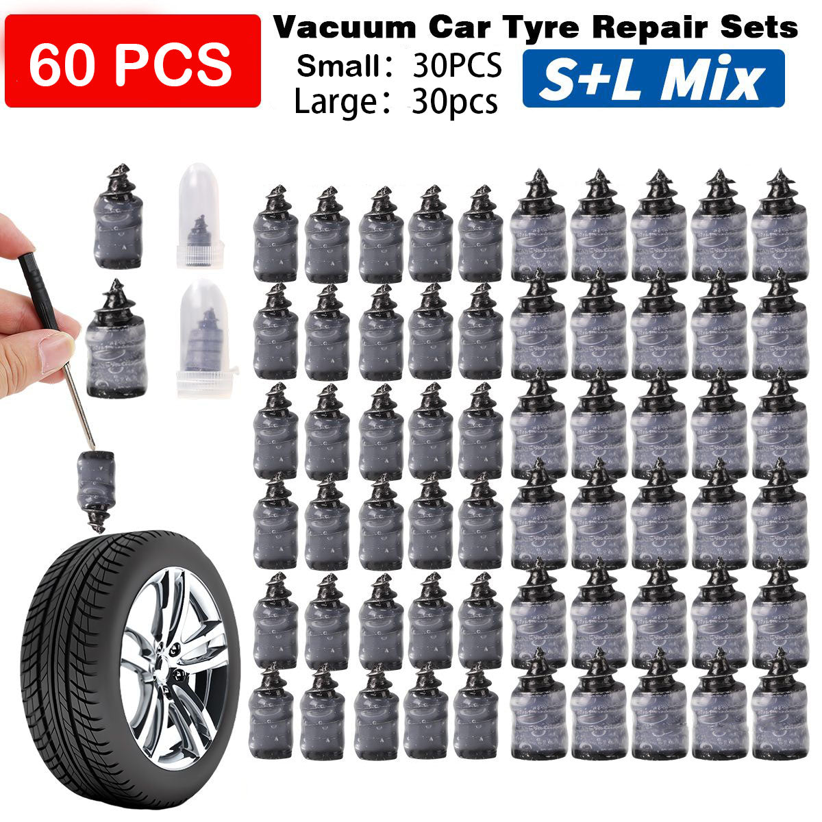 60PCS Tire Repair Rubber Nails Kit with 2 Sizes+Free Screwdriver
