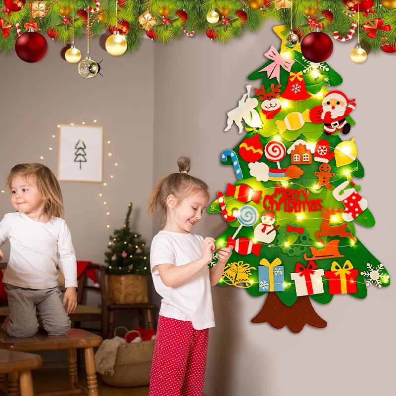 DIY Felt Christmas Tree Kit with 34pcs Detachable Ornaments & 5M LED Lights for Kids - 3.3 FT Wall Hanging Xmas Decorations Craft Kits