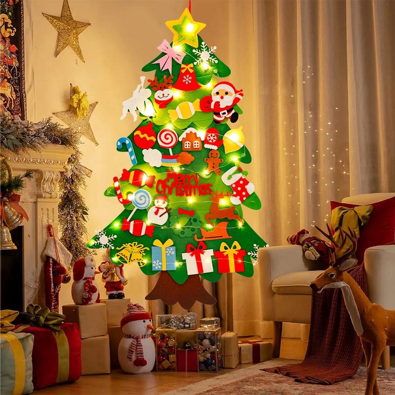 DIY Felt Christmas Tree Kit with 34pcs Detachable Ornaments & 5M LED Lights for Kids - 3.3 FT Wall Hanging Xmas Decorations Craft Kits