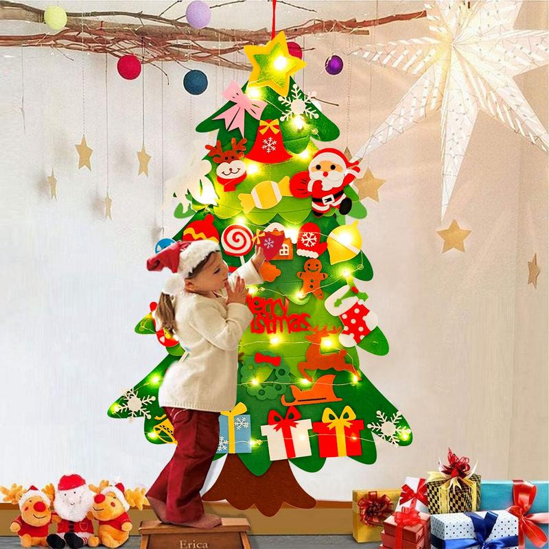 DIY Felt Christmas Tree Kit with 34pcs Detachable Ornaments & 5M LED Lights for Kids - 3.3 FT Wall Hanging Xmas Decorations Craft Kits