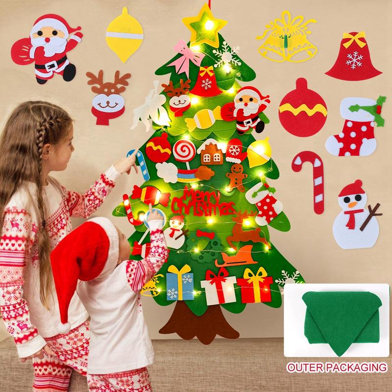 DIY Felt Christmas Tree Kit with 34pcs Detachable Ornaments & 5M LED Lights for Kids - 3.3 FT Wall Hanging Xmas Decorations Craft Kits