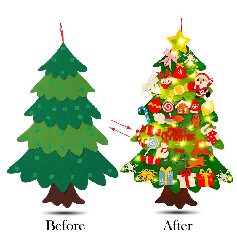 DIY Felt Christmas Tree Kit with 34pcs Detachable Ornaments & 5M LED Lights for Kids - 3.3 FT Wall Hanging Xmas Decorations Craft Kits