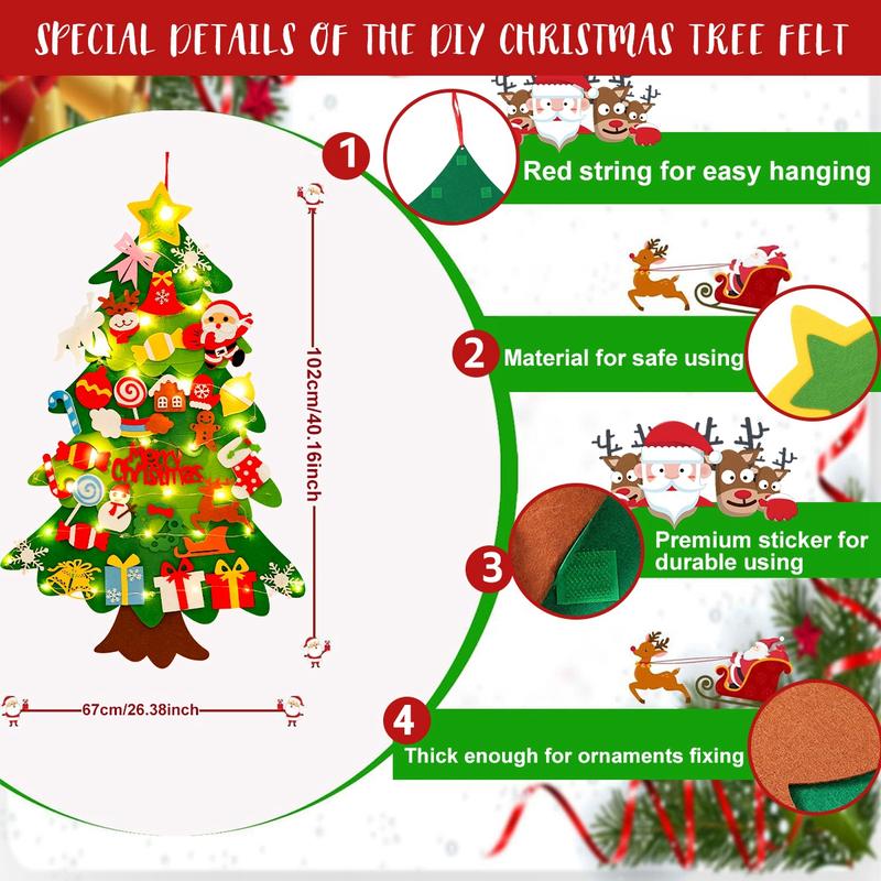 DIY Felt Christmas Tree Kit with 34pcs Detachable Ornaments & 5M LED Lights for Kids - 3.3 FT Wall Hanging Xmas Decorations Craft Kits