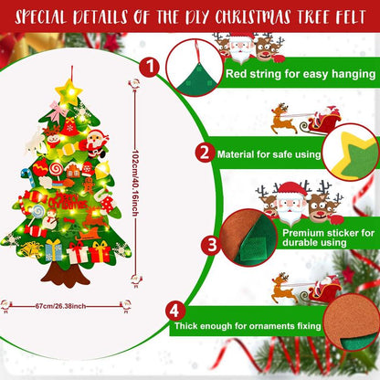 DIY Felt Christmas Tree Kit with 34pcs Detachable Ornaments & 5M LED Lights for Kids - 3.3 FT Wall Hanging Xmas Decorations Craft Kits