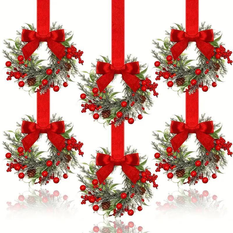 6-Pack Mini Christmas Window Wreaths – Farmhouse Style Holiday Decor with Red Berries & Bows