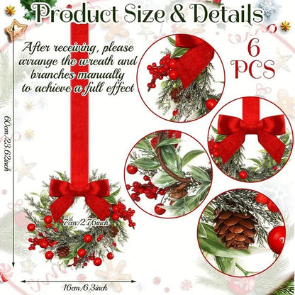 6-Pack Mini Christmas Window Wreaths – Farmhouse Style Holiday Decor with Red Berries & Bows