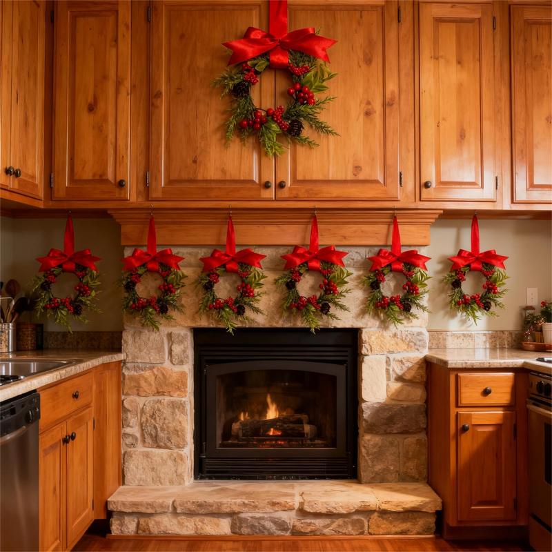6-Pack Mini Christmas Window Wreaths – Farmhouse Style Holiday Decor with Red Berries & Bows
