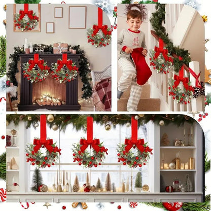 6-Pack Mini Christmas Window Wreaths – Farmhouse Style Holiday Decor with Red Berries & Bows