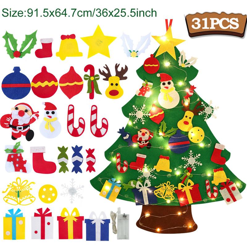 DIY Felt Christmas Tree Kit with 34pcs Detachable Ornaments & 5M LED Lights for Kids - 3.3 FT Wall Hanging Xmas Decorations Craft Kits