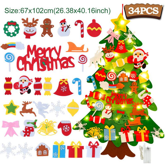 DIY Felt Christmas Tree Kit with 34pcs Detachable Ornaments & 5M LED Lights for Kids - 3.3 FT Wall Hanging Xmas Decorations Craft Kits